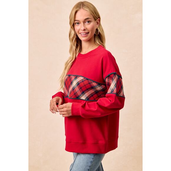 BIBI Red Black Christmas Plaid Block Sweatshirt with Binding NEW Medium - Picture 6 of 10